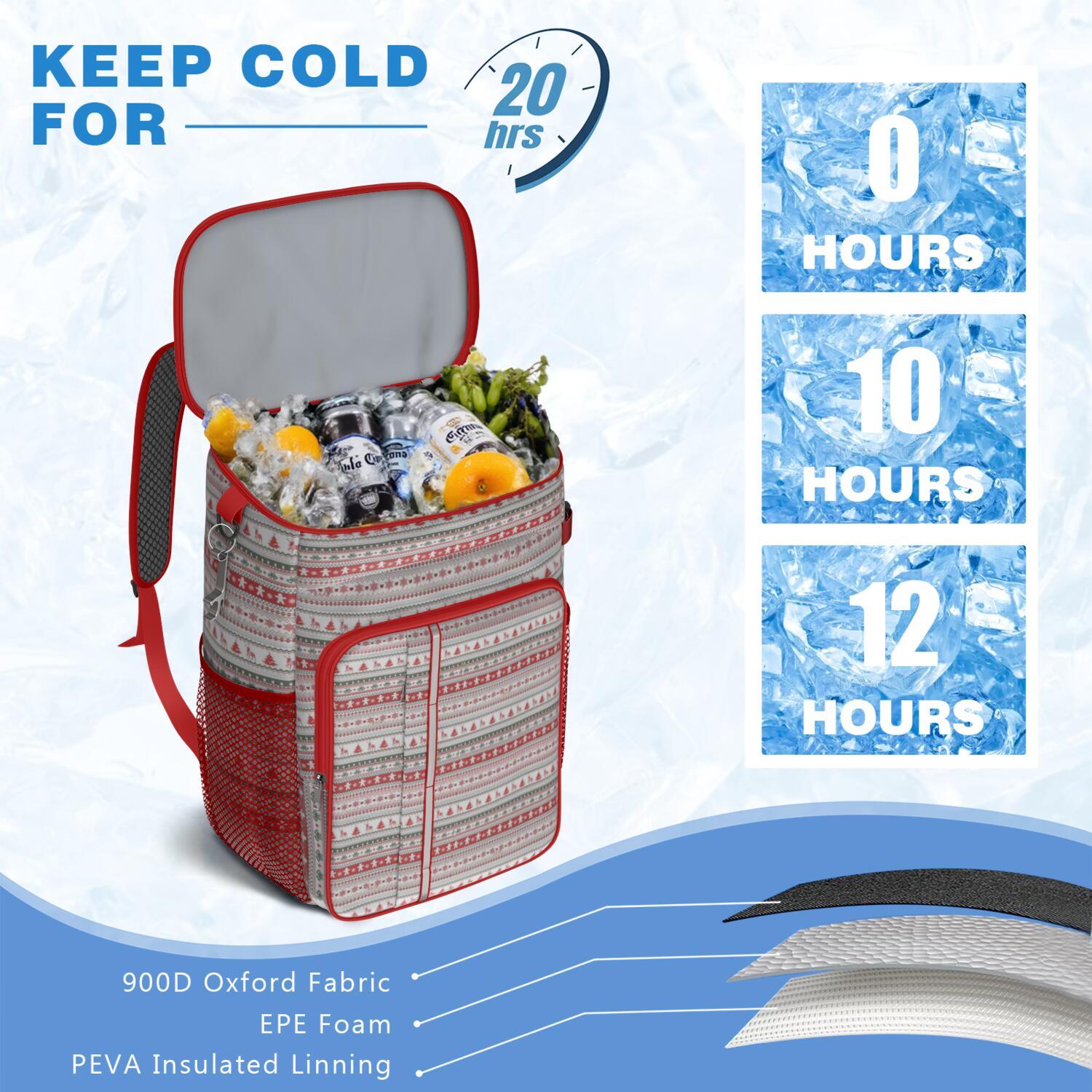 Travel Cooler Bag - Red and White Christmas Striped Pattern Camping Beer Cooler Backpack with Bottle Opener- Waterproof Insulated Picnic Backpacks - Cooler Bag for Beach