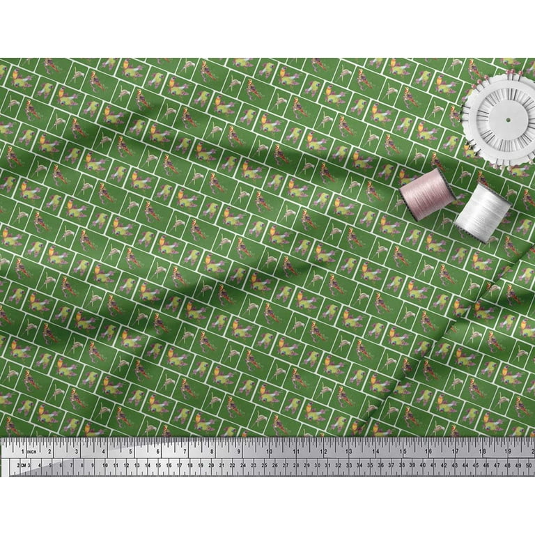 Soimoi Green Velvet Fabric Tiles & Leaf Bird Print Fabric by the Yard 58  Inch Wide 