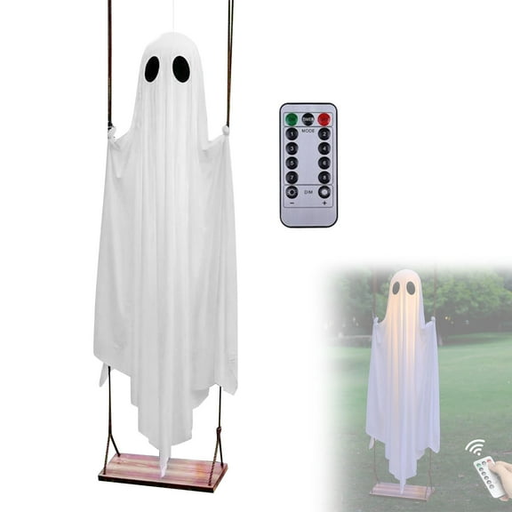 YWIYIUD Halloween Decorations Outdoor, 5FT Large HangingGhost Swing with Remote Control String Lights ,ScaryGhost Halloween Party Decor Outside for Tree Porch Yard Garden