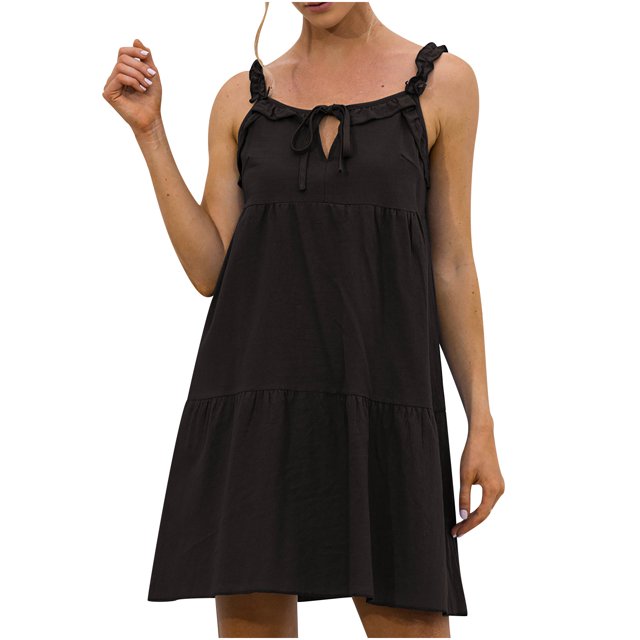 Mini Robe pour Femmes Été Dames Ample Couleur Unie Lacée Sans Manches Robe à Volants Mini Robe à Volants pour Femmes Été Robe Sans Manches pour Femmes