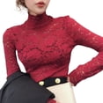thumbnail image 1 of Blusa ajustada de malla con cuello alto y manga larga con encaje floral transparente para mujer, 1 of 8