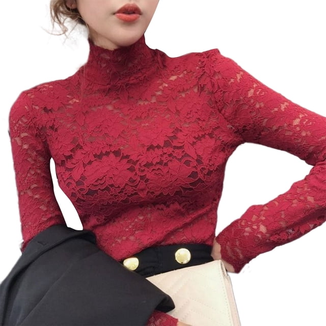 Blusa ajustada de malla con cuello alto y manga larga con encaje floral transparente para mujer