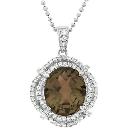 5th & Main Platinum-Plated Sterling Silver Oval Double-Cut Smokey Topaz Pave CZ Pendant Necklace