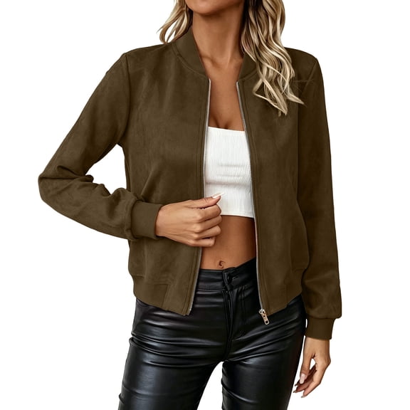Women Zip‑Front Faux Suede Coat, Casual Cropped Outer Jacket Featuring Side Pockets for Fall‑Winter Everyday Wear Brown M