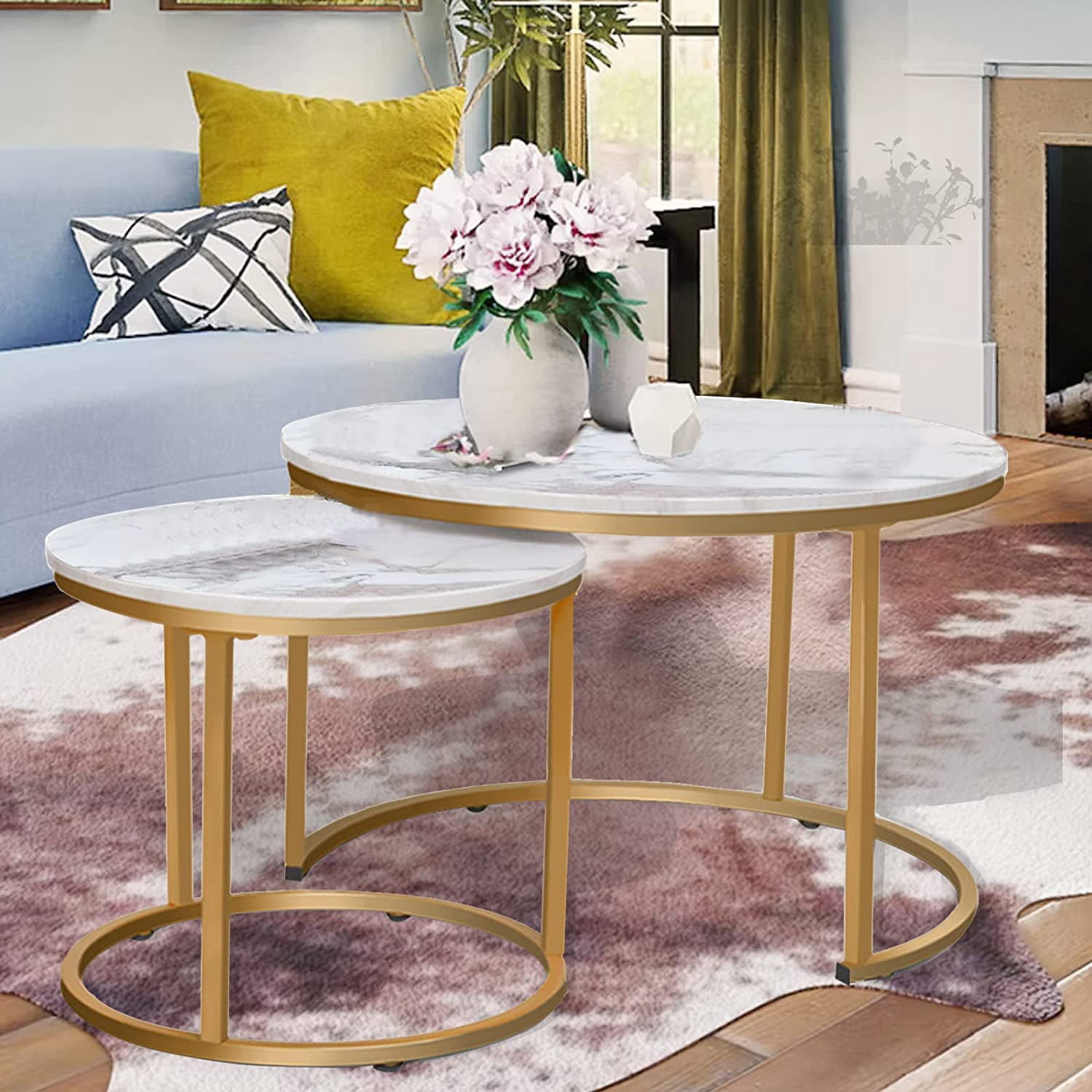 Callalily Round Coffee Table Set of 2 Modern Nesting Golden Frame Circular and Marble Pattern Wooden Stacking Accent Coffee Tables Metal Frame for Apartment Living, White