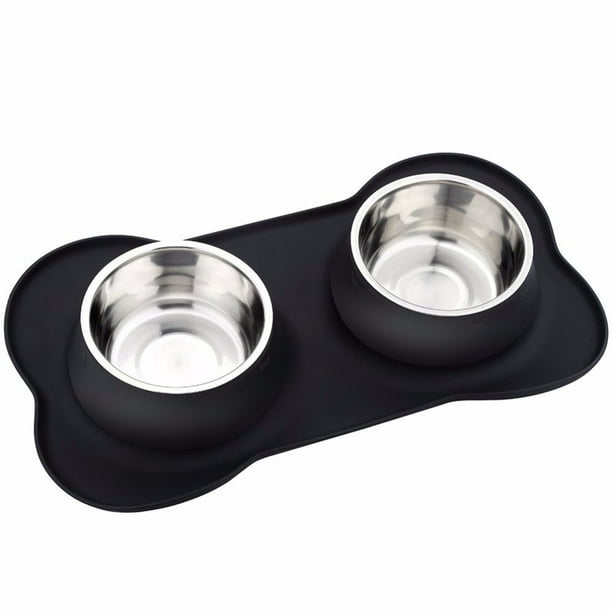 Cuencos de acero inoxidable para perros con tapete de silicona antideslizante y antiderrames para perros y gatos.