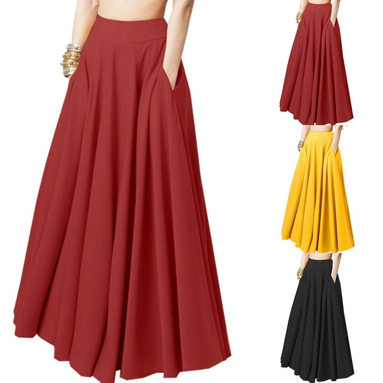 ALSLIAO Women Ankle Length High Waist A-line Flowy Long Skirt with Pockets  Pleated Skirt Red S 