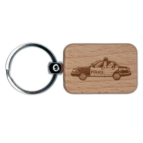 Police Car Law Enforcement Vehicle Rectangle Keychain Charm Tag - Engraved Wood