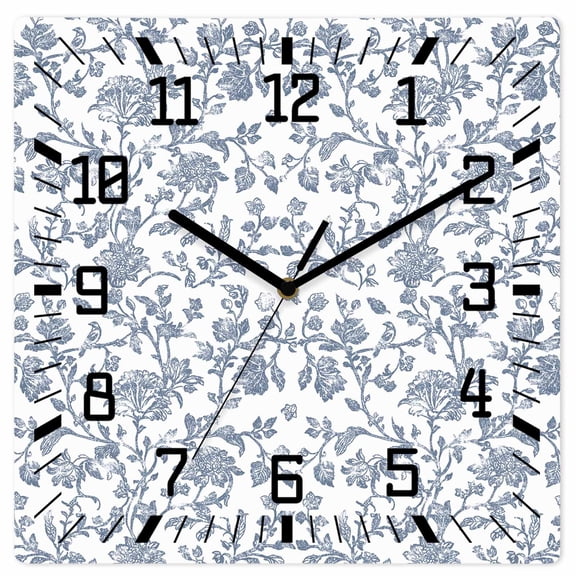 Blue Flower Wooden Wall Clock Silent Non Ticking, Vintage Farmhouse Boho Leaf Spring Summer Square Wall Clocks Battery Operated, Decor Clock for Home Office, Living Room, Kitchen, 12 Inch