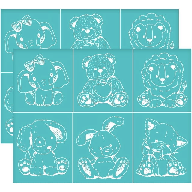 2 plantillas autoadhesivas de serigrafía de animales de 28 x 22 cm (11 x 8,6 pulgadas): elefante, oso de peluche, león y conejo. Plantillas de malla reutilizables para transferencia.
