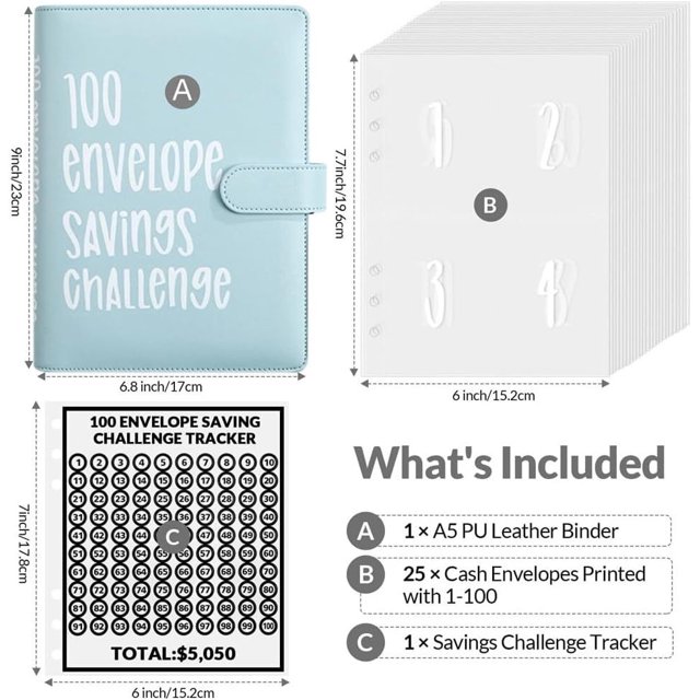 PandaTop 100 Envelopes Money Saving Challenge Binder, Blue Savings Challenges Book with Envelopes, Savings Binder Budget Binder with Cash Envelopes to Save $5050