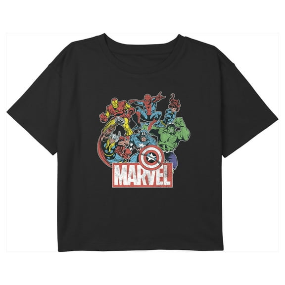 Girl's Marvel Distressed Classic Hero Collage Graphic Cropped T-Shirt Black X Small