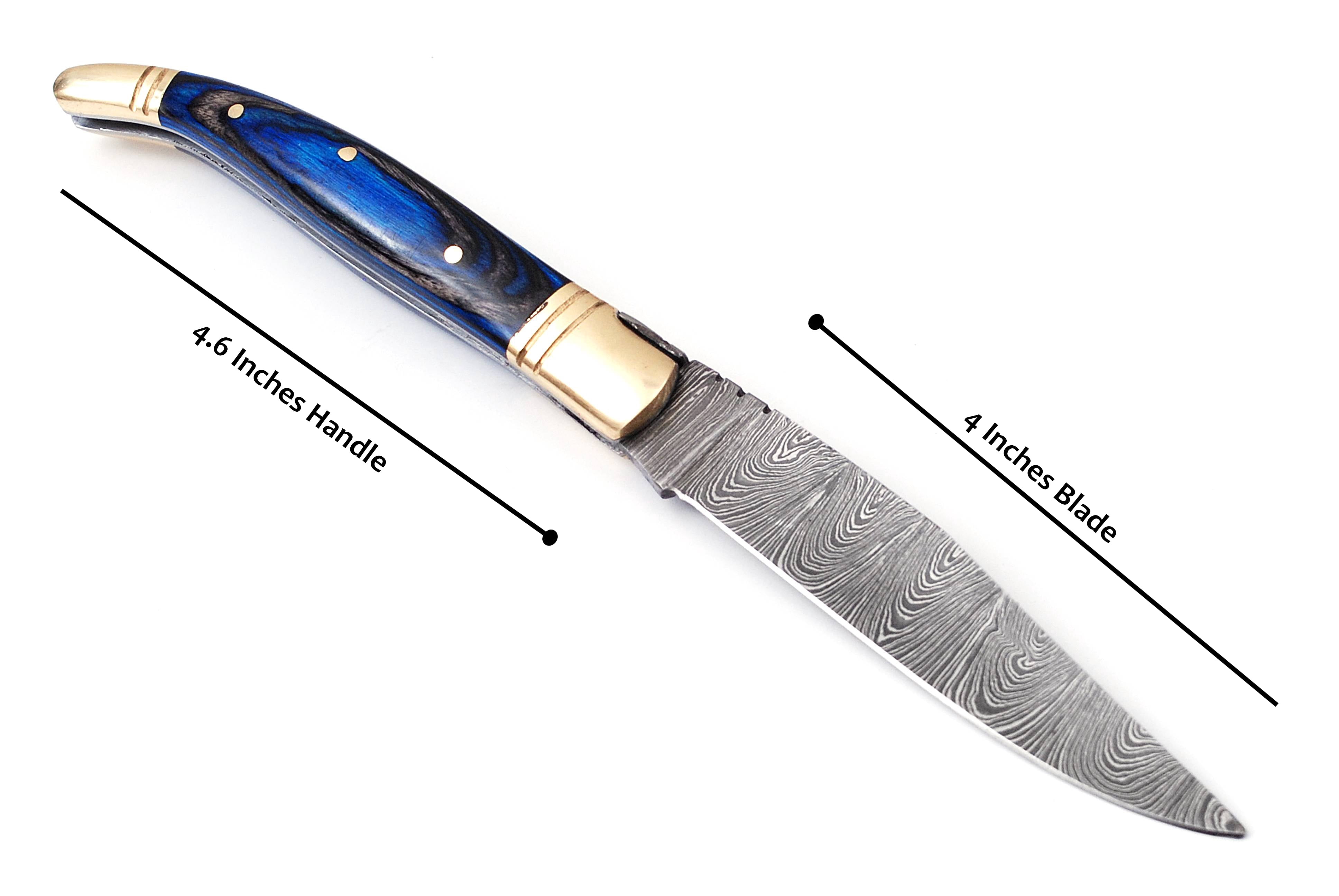 Damascus steel folding knife with leather sheath, 8.5 inches long laguiole pocket knife with 4 inches long Damascus steel Blade, 4.5 inches Blue multi colored wood scale with Brass bolster and pommel,