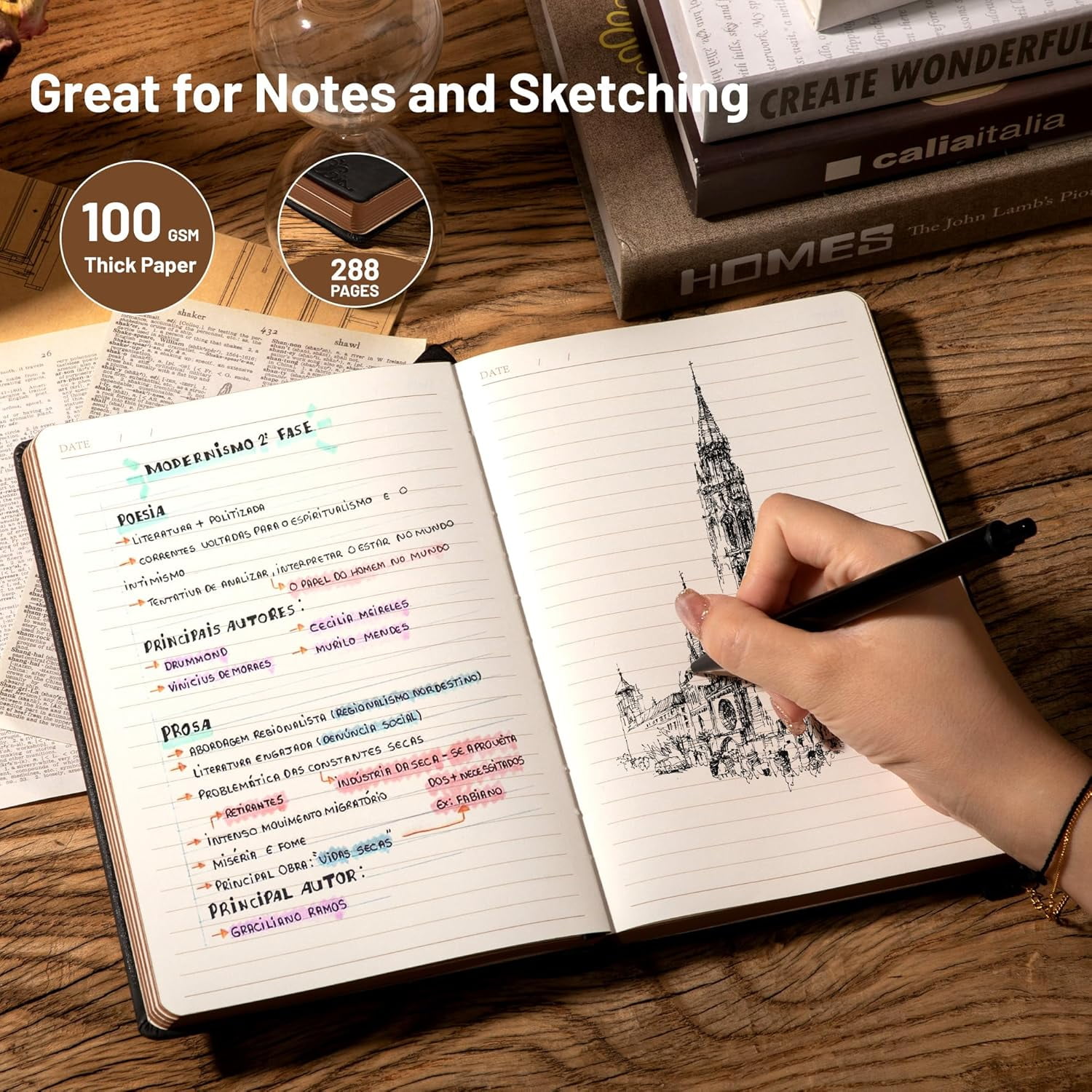 Compass Leather Notebook Journal for Men, 100 GSM 288 Pages Lined Journals for Writing, A5 Hardcover Journaling Notebooks Gift Set with Pen for Travel Office Daily Writing