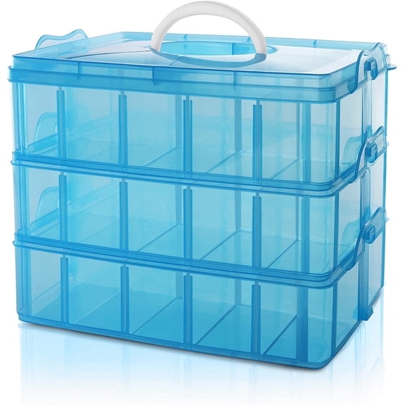 Large 3 Tier Stackable Adjustable Compartment Slot Bead Craft Jewellery Tool Storage Organiser, Yayun Plastic Organizer Box with 30 Compartments,Snap-lock Tray Container Box Blue