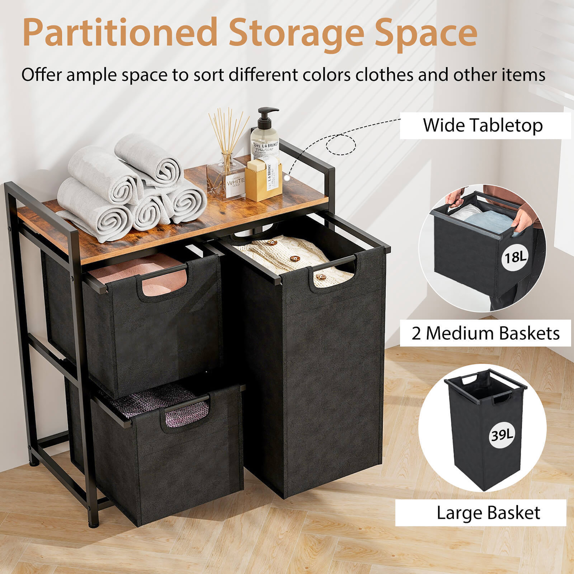 Gymax Freestanding Laundry Hamper Basket Organizer w/ 3 Pull-Out Removable Bags