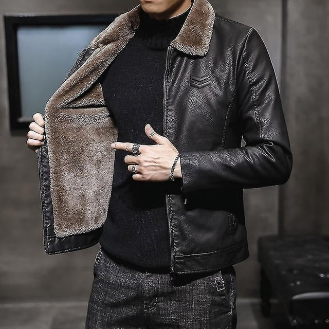 Nueva chaqueta gruesa de cuero para hombre, chaqueta de invierno y otoño para hombre, abrigo cálido a prueba de viento con cuello de piel sintética a la moda, ropa masculina
