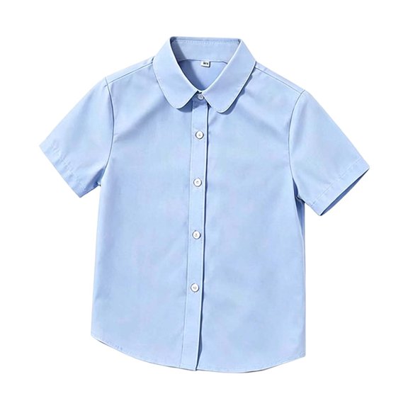 GobdXE Solid Peter Pan Collar Short Sleeve Button Down Shirt Unisex Kids Back to School Uniform Plain Casual Blouse Tops for Boys Girls 2-3 Years,Sky Blue
