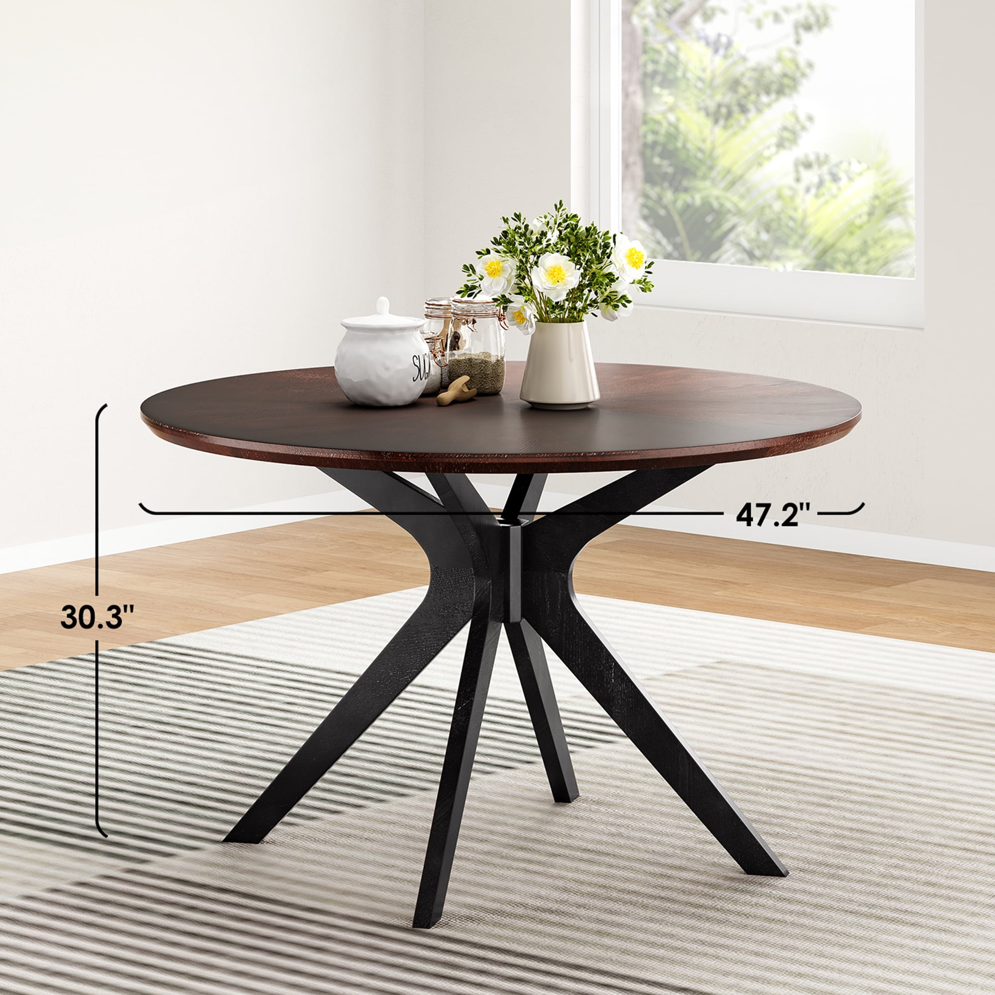 MAYEERTY 47" Solid Wood Round Dining Table, Intersecting Pedestal Base, Seats 4-6, Kitchen/Dining Room,Black Walnut
