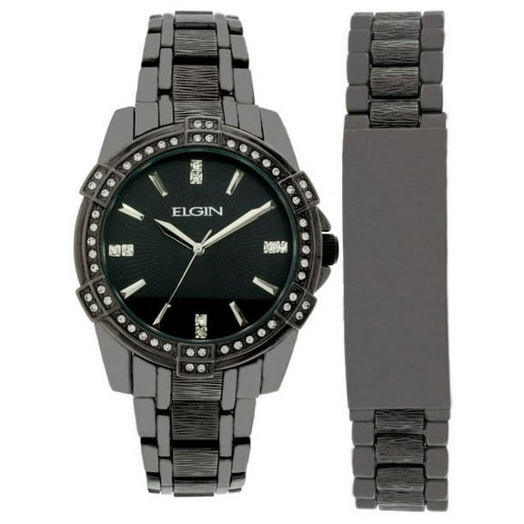 Elgin Men's Analog Quartz Watch, Gun Metal Band and Case, Round Black Dial, Crystal Accents, and Matching Bracelet
