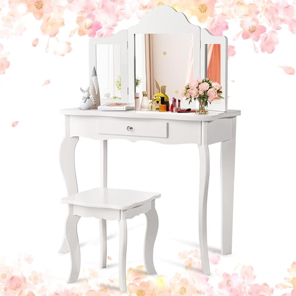 Wooden Vanity Table & Stool Set, Princess Makeup Dressing Table with Two 180° Folding Mirror, White