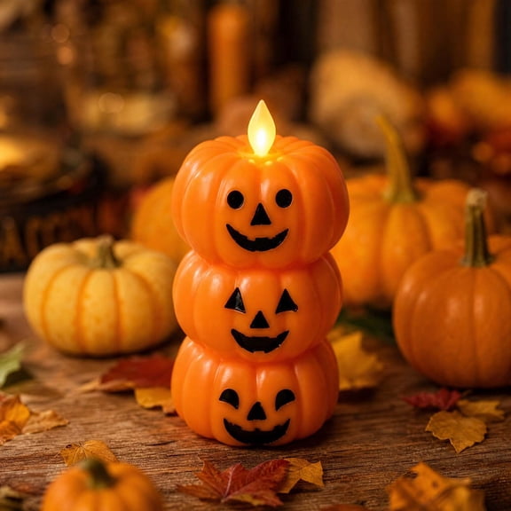 Stacked Jack O Lantern Pumpkin Candle Lamp, Halloween Decor Halloween Decorations Halloween Lights Fall Tabletop Pumpkin Candle Decoration