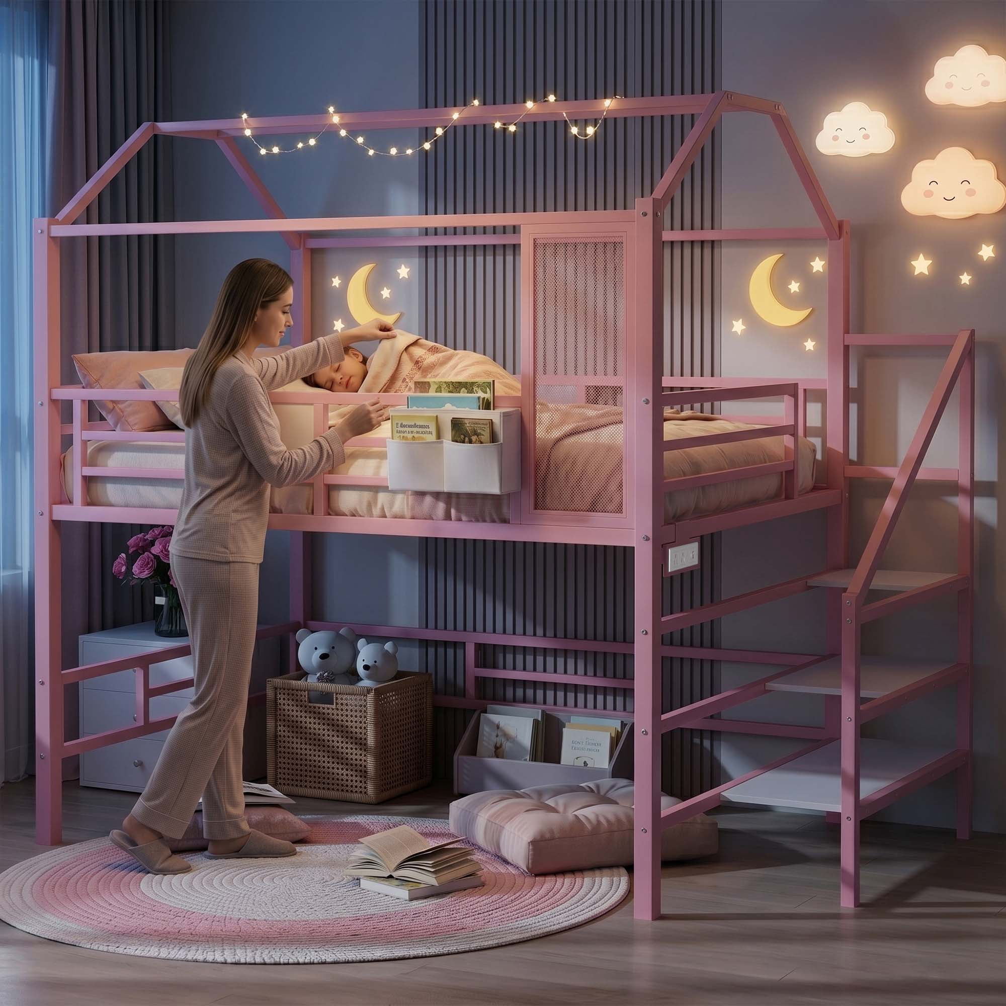 Miniyam Full Size Bunk Bed with Stairs, House Bed Design with Charging Station and Storage Bag Led Light, Pink