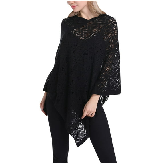 Staron Women's Crochet Hooded Cape Shawl Wrap Sweater V-Neck Short Sleeve Loose Oversized Boho Casual Party Vacation, Black FREE SIZE