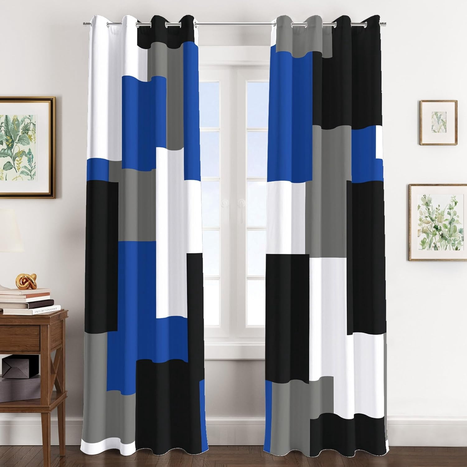 Tyrot 2 Panels Royal Blue Black 100% Blackout Curtains for Bedroom Modern Abstract  Curtains, 52" x 84"