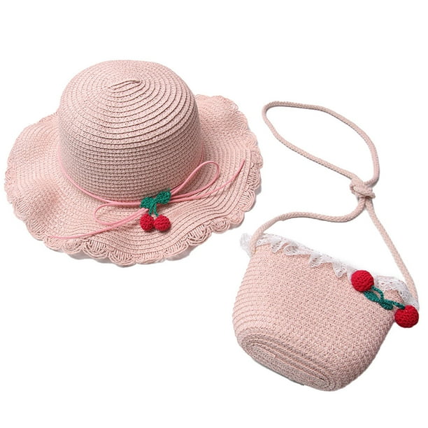 Conjunto de sombrero de paja y cartera de paja con protección solar para niños con circunferencia de la cabeza de 50 a 54 cm, linda decoración de cerezas, sombrero para el sol de verano rosa