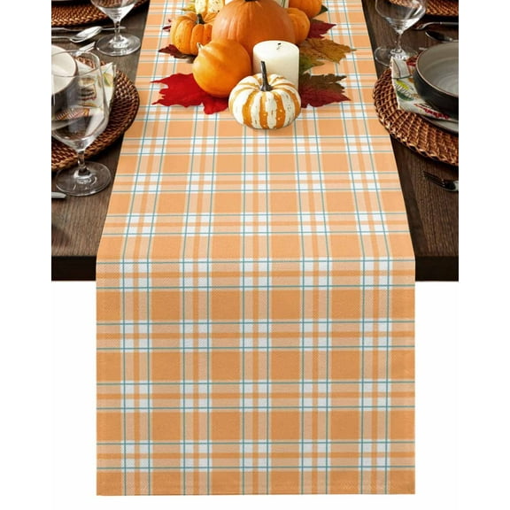 Fall Table Runner Thanksgiving Orange Buffalo Plaid Table Runners Classic Checked Cotton Linen Dresser Scarf Kitchen Dining Table Decor for Fall Holiday Party Decor 13x36 Inch