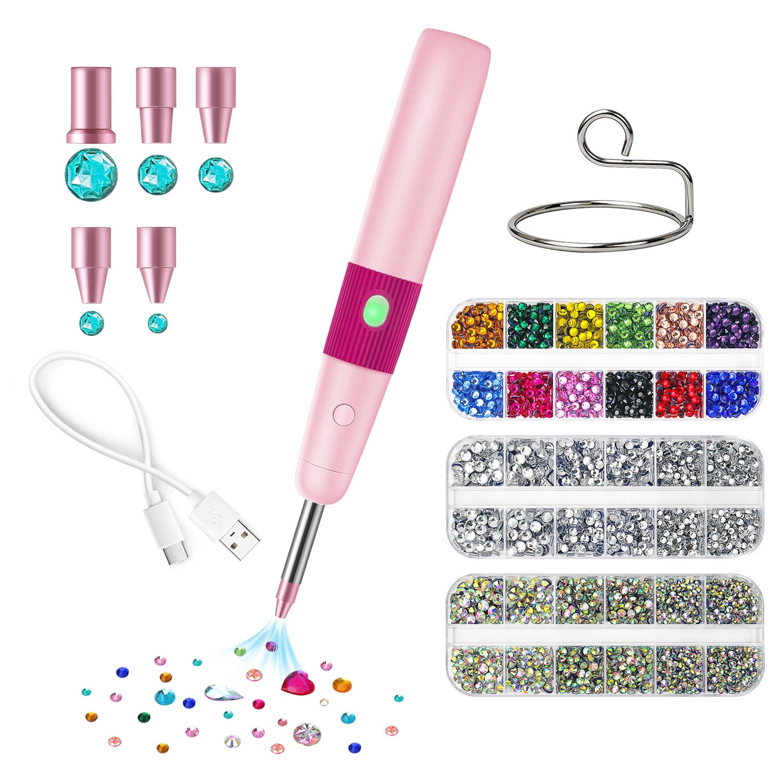 HEWANG Cordless Hotfix Rhinestone Applicator, Bedazzler Kit with Vacuum Pick Up Function, Adjustable Heat Hot Fix Wand for Clothes, Fabric & DIY Crafts, 5 Tips and 3024 PCS Rhinestones (Pink)