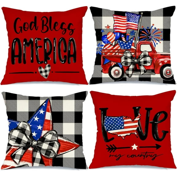 4th of July Decorations Pillow Covers 18 x 18 Set of 4 Buffalo Plaid Stars and Stripes Truck Throw Pillow Covers Patriotic Pillows Independence Memorial Day Decor Cushion Case
