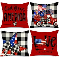 4th of July Decorations Pillow Covers 18 x 18 Set of 4 Buffalo Plaid Stars and Stripes Truck Throw Pillow Covers Patriotic Pillows Independence Memorial Day Decor Cushion Case