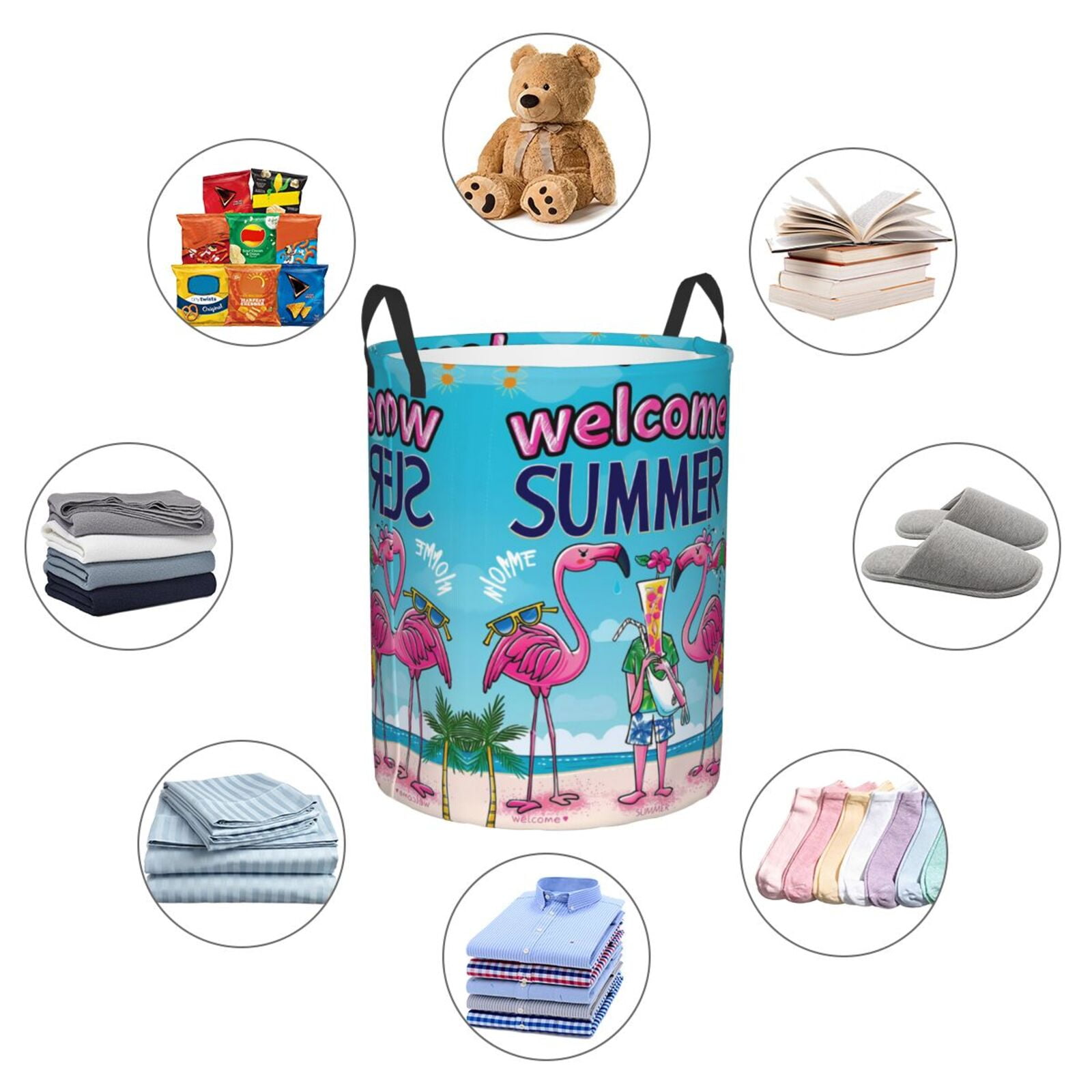 Large Laundry Basket with Handles - Beach Flamingo Trio Kids Baby Dirty Clothes Laundry Hamper for Bedroom Aesthetic