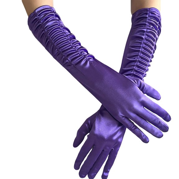 Sewkxo Women's Long Opera Party Exquisite Pleated Satin Photography Gloves Graceful 40cm Length for Brides Wedding Occasion Gloves,Purple One Size