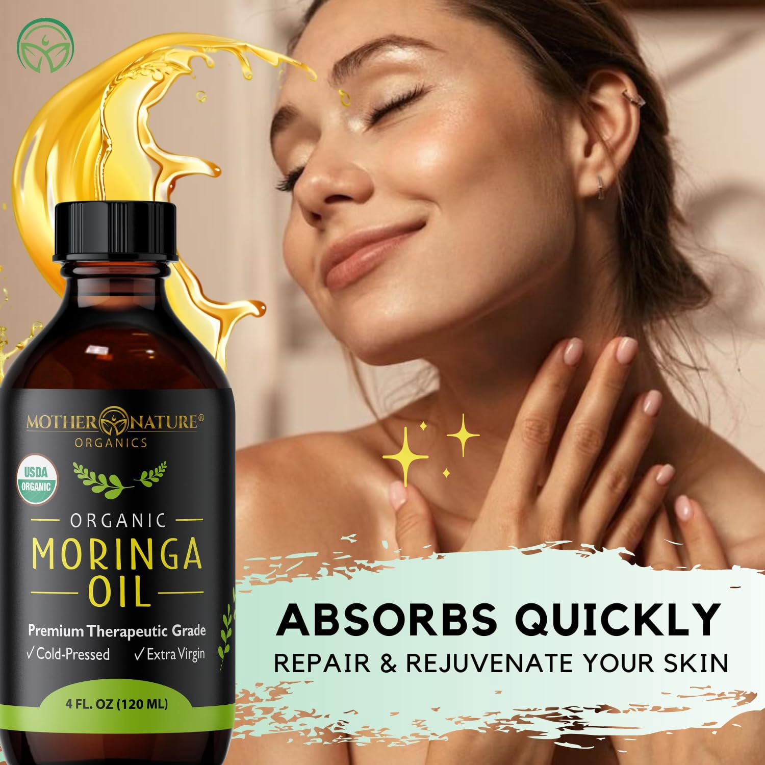 Mother Nature Organics USDA Organic Moringa Oil, 100% Pure Cold-Pressed, Natural Face, Hair & Body Moisturizer, 4 fl oz