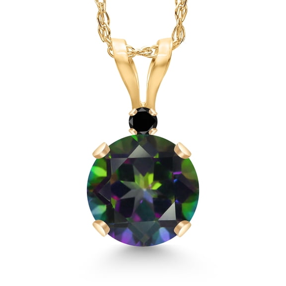 Gem Stone King 14K Yellow Gold Green Mystic Topaz and Black Diamond Pendant Necklace for Women | 1.02 Cttw | Gemstone November Birthstone | Round 6MM | With 18 inch Chain