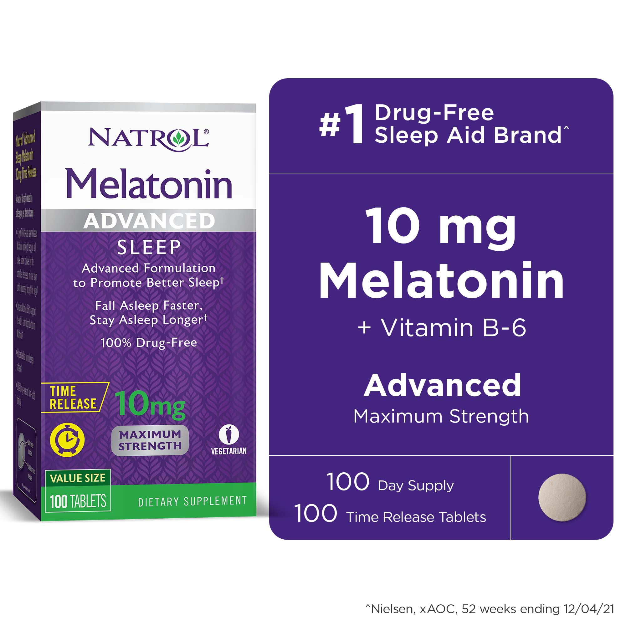Natrol Advanced Sleep Melatonin 10mg and Vitamin B-6, Sleep Support, Time Release Tablets, 100ct