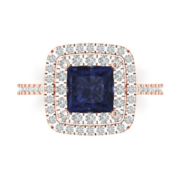 Halo Engagement Ring for Women - 2.07ct Simulated Blue Sapphire in 18K Rose Gold Promise Ring