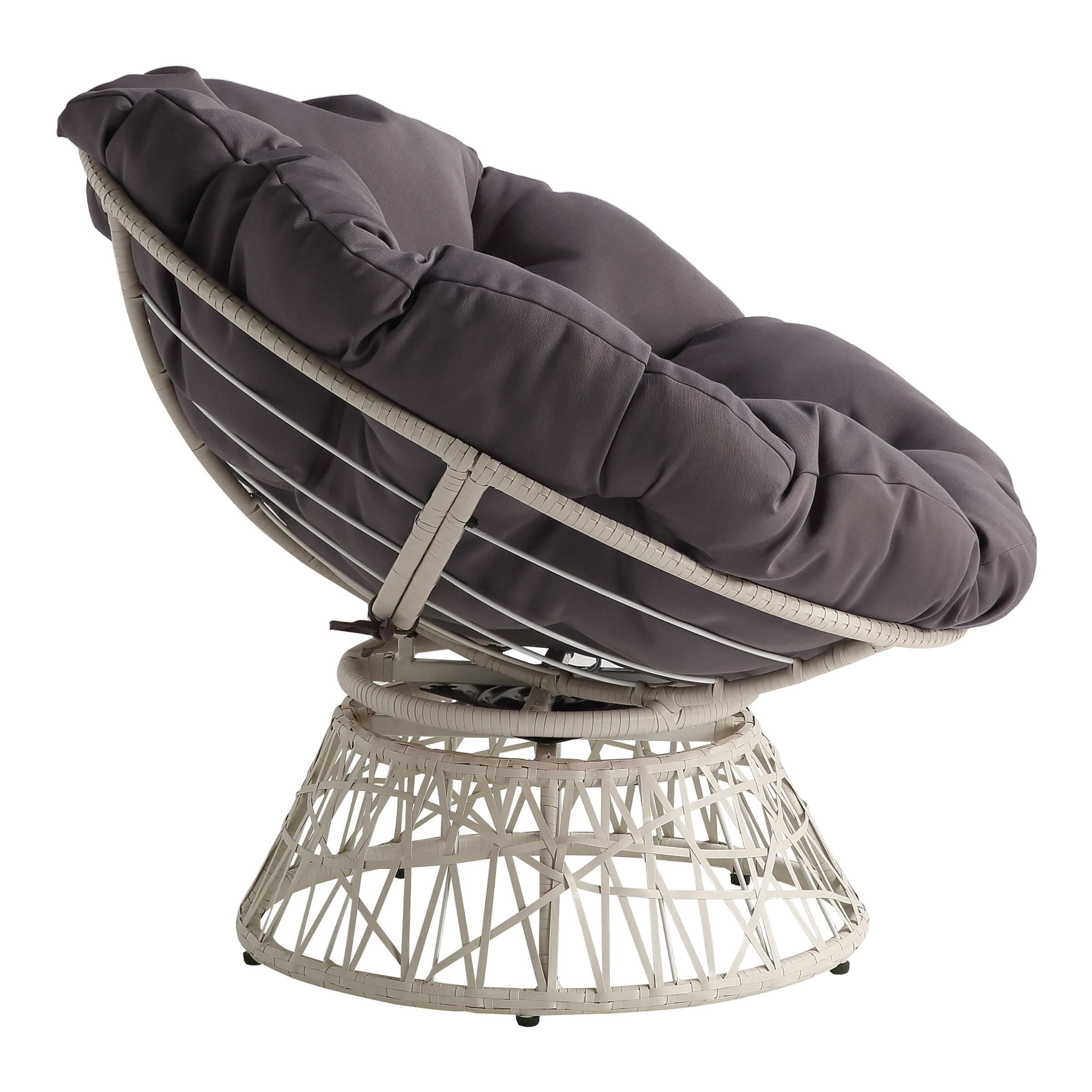 Papasan Chair with Gray Round Fabric Pillow Cushion and Cream Wicker Weave