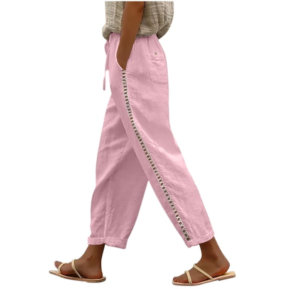 hoksml Women's High Waist Drawstring Pants, Casual Cotton Trousers with Pockets and Side Cutout Detail