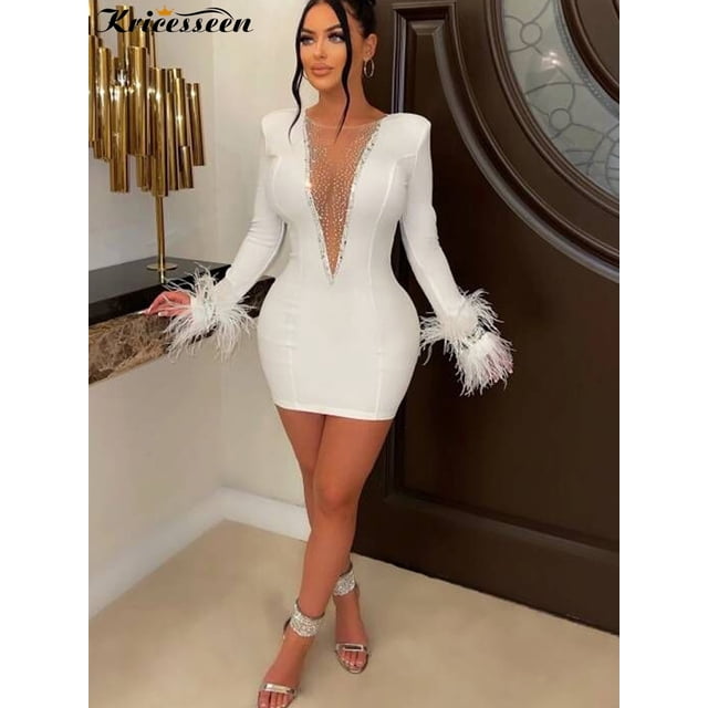 Kricesseen Sexy White Mesh Patchwork Skinny Mini Dress Women Feather Long Sleeve See Through Bodycon Birthday Clubwear DressXL Gao Jinjia LED