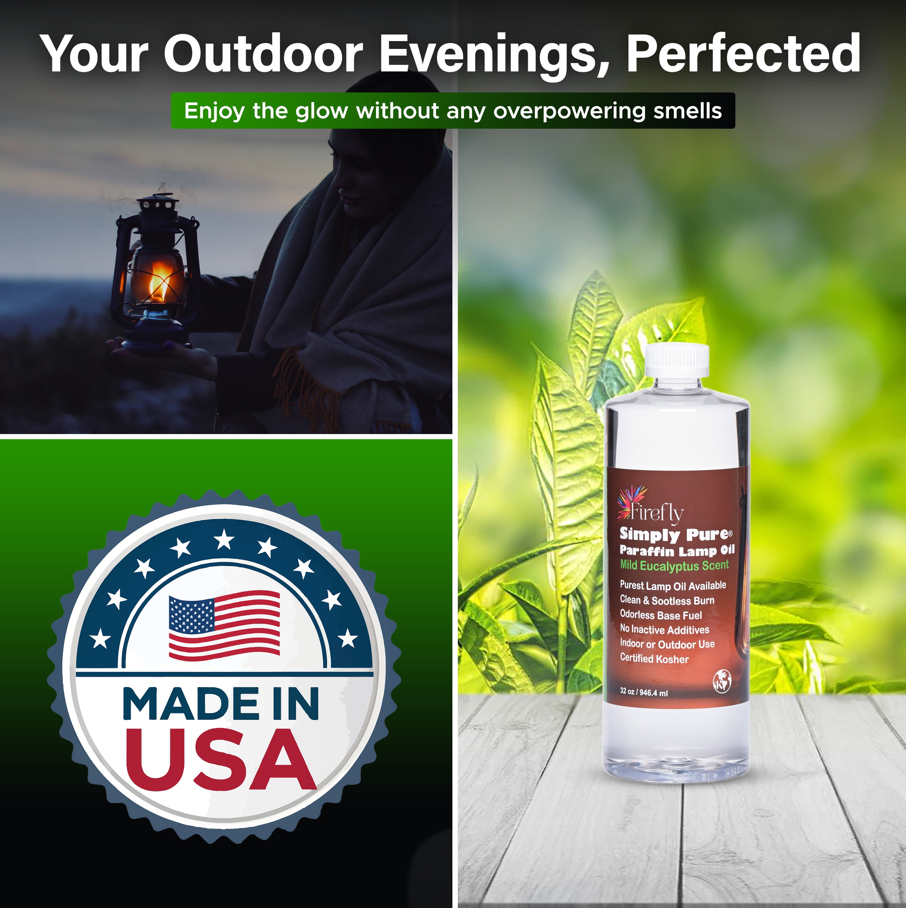 Firefly Fuel Premium Liquid Paraffin Lamp Oil for Indoor Use 32 oz - Indoor Smokeless Odorless Paraffin Oil Fuel for Lamps, Lanterns, Candles, Eucalyptus Scent, Kosher