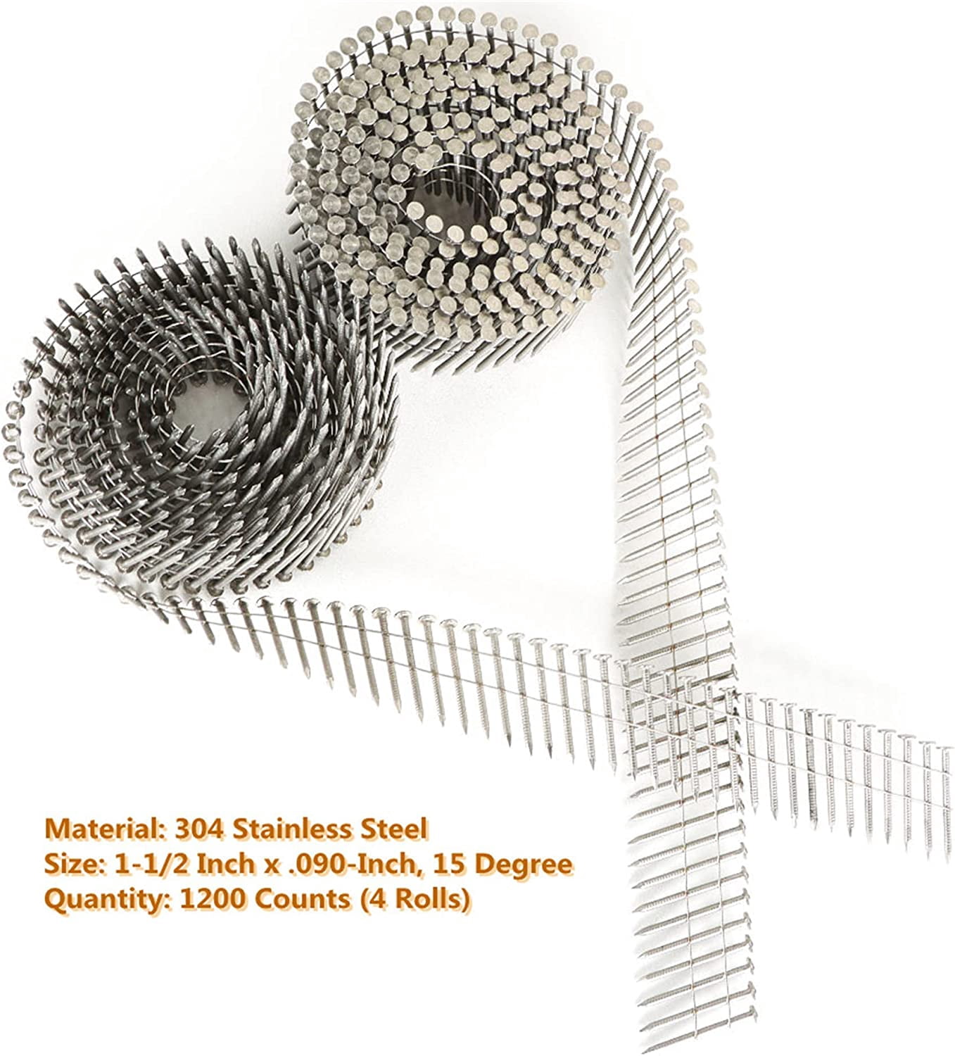 1200-Count Siding Nails – 15-Degree Wire Collated, 1-1/2" X .090", 304 Stainless Steel, Full Round Head – For Board Siding & Fencing