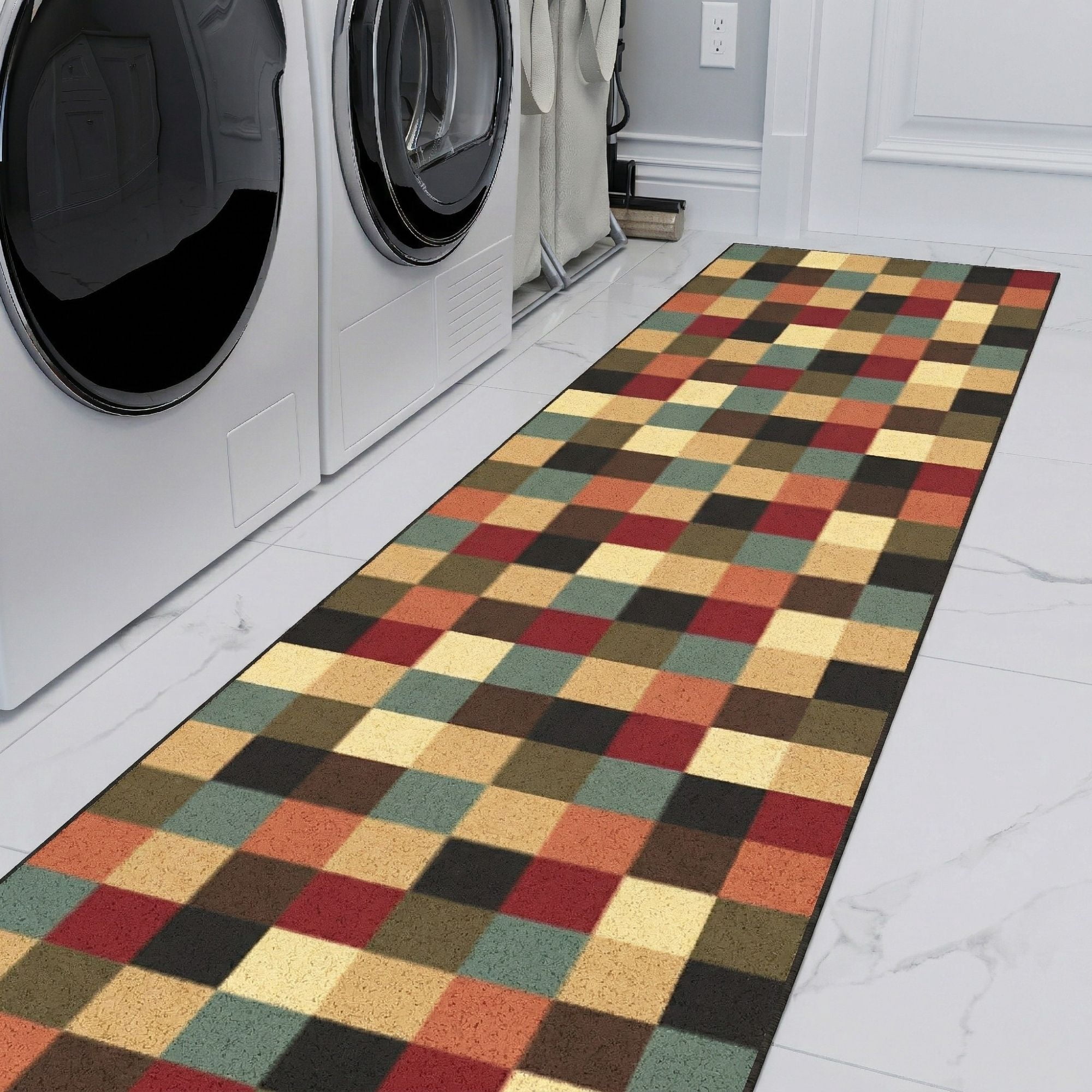 Ottomanson Extra Long Runner Rug 1'10.5" x 27' – Non-Slip Low Pile Hallway Carpet, Checkered Multicolor