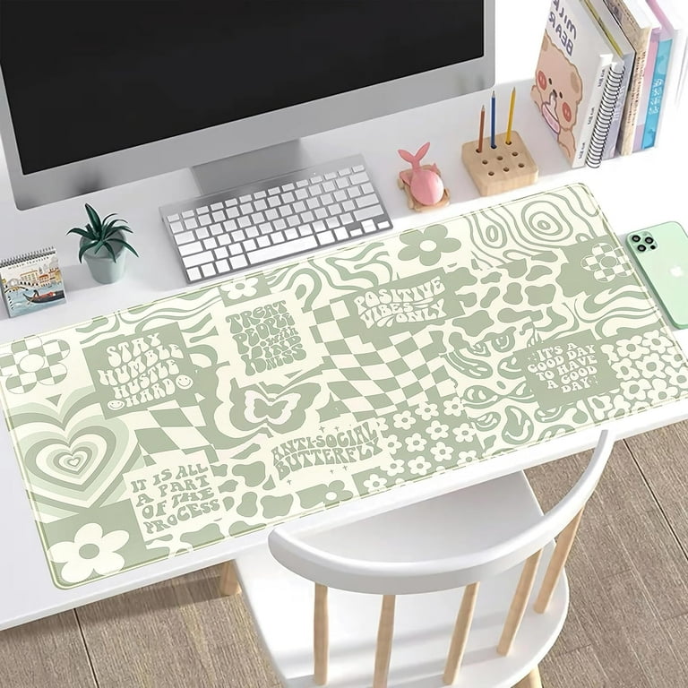 Boho Aesthetic Desk Mat Beige Retro Hippie Boho XXL Large Extended Gaming Green Sage Mouse Pad Women Gamer Girl Work Office Computer Deskmat Mousepad Laptop Keyboard Mat Desk Pad 31.5x15.75 in