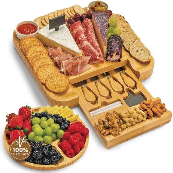 WKTFOBM Cheese board and knife set,Charcuterie Board Set - Large Bamboo Cheese Board for Serving - House Warming Gifts New Home, Wedding & Bridal Shower Gift, Birthday Gift for Women