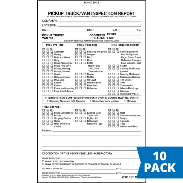 Pickup Truck/Van Vehicle Inspection Report 10pk. Book