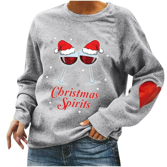 Hauts de Noël pour Femmes Manches Longues Automne et Hiver Pull Imprimé de Noël Col Rond Manches Longues Blouse Unie Chandails en Molleton Sexy Décontracté